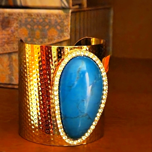 Massive, Super-Chunky, Gold-Tone, Faux Turquoise Cuff Bracelet. CZ Around Stone. - Picture 2 of 6